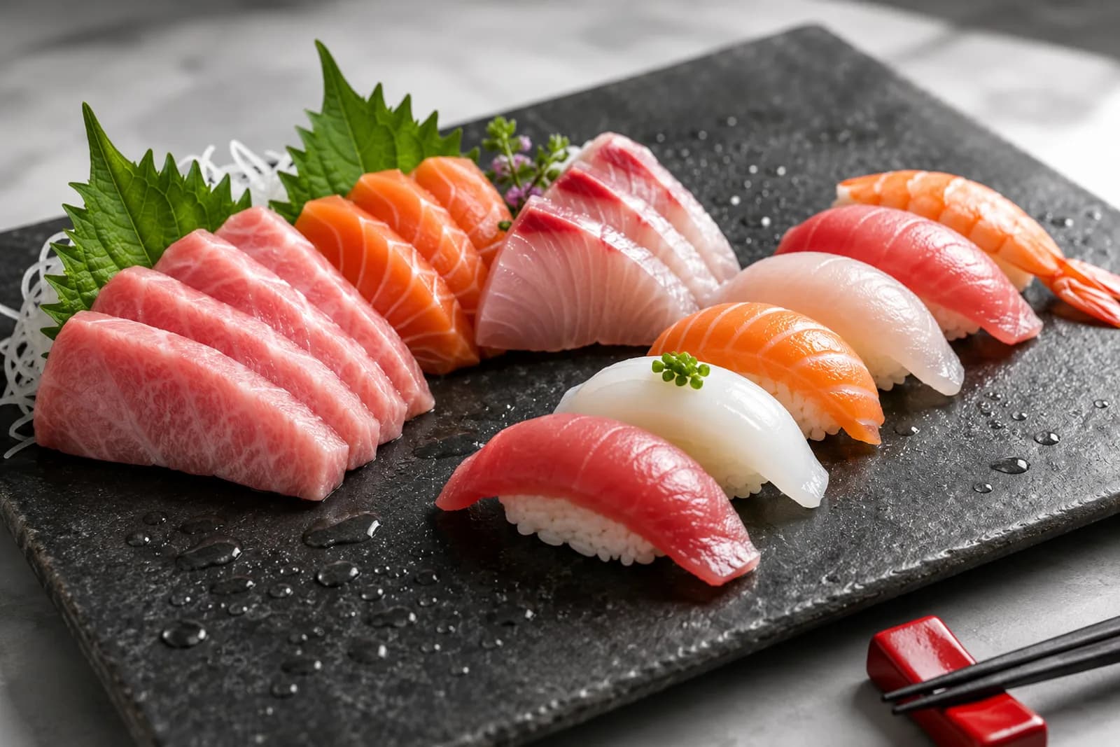 Premium sashimi slices and nigiri sushi arranged on a matte charcoal stone plate with a shiso leaf